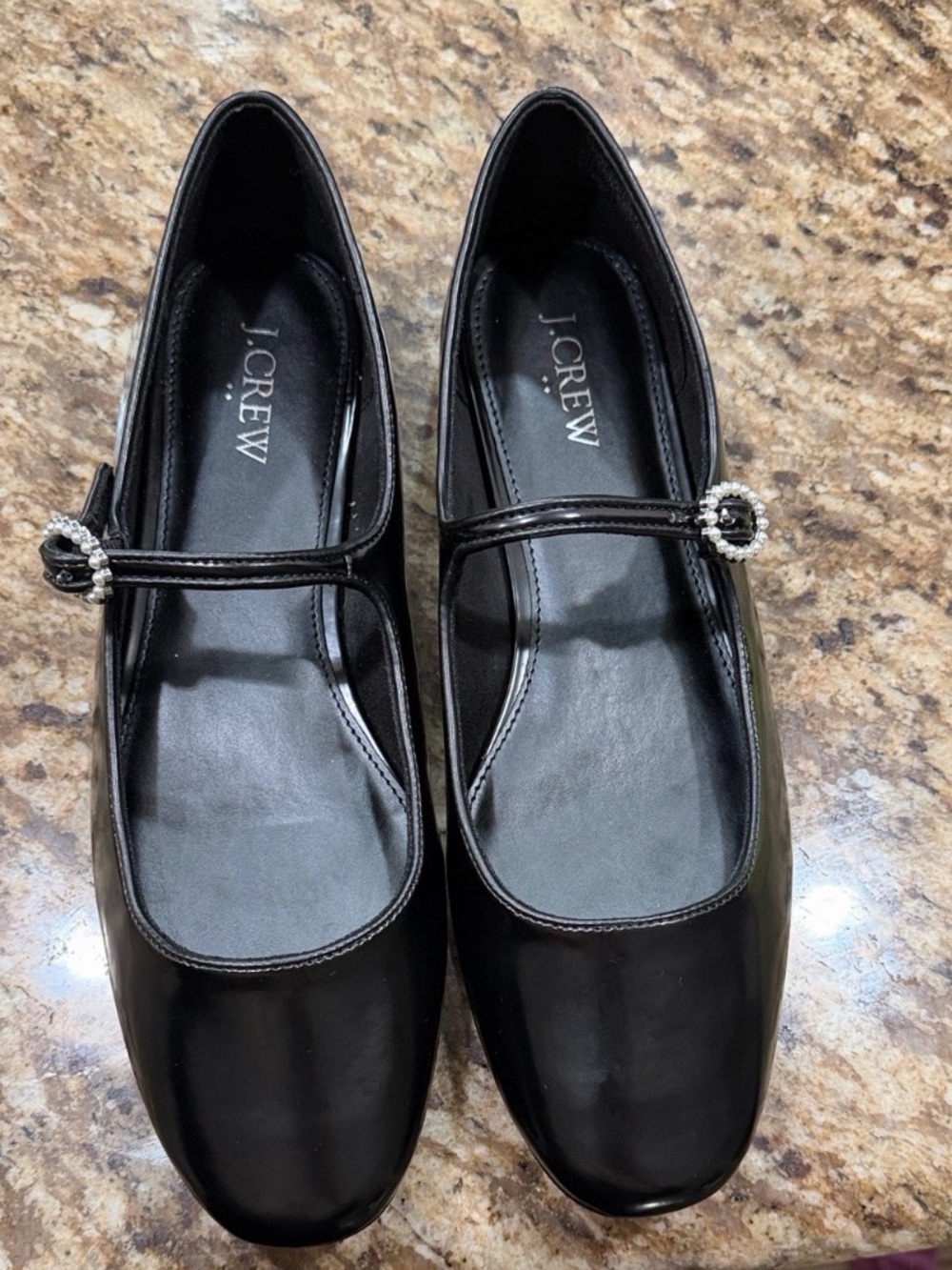 J. Crew Black Patent Mary Jane Flats with Rhinestone Buckle;9